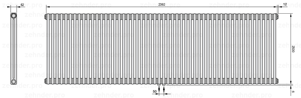 Схема (чертеж) Радиатор Zehnder Charleston 2250/52 №5410 Белый глянцевый RAL 9016